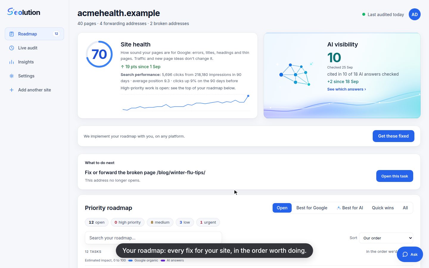 The app's roadmap on a demo site: Site health, AI visibility and the first tasks